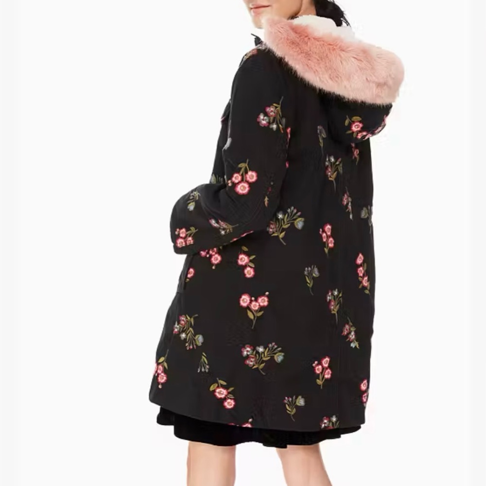 Kate Spade Floral Embroidered Twill parka coat Sherpa lined with faux fur hood
